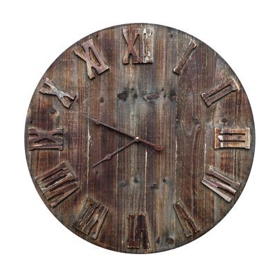 old-dirty-wooden-clock-with-roman-numerals-isolated-white-background